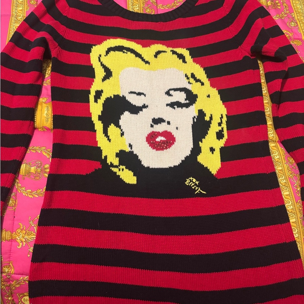 Betsey Johnson Black and Hot Pink Striped Sweater with Graphic Detail
